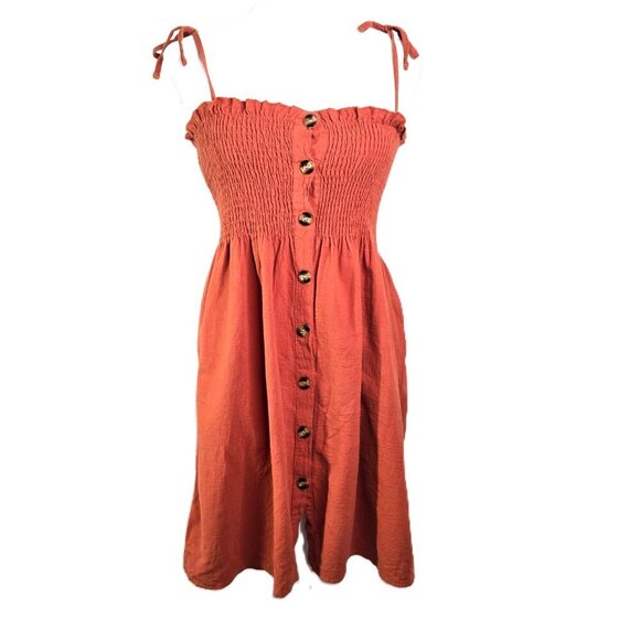 Women's Terra Cotta  Shoulder Tie Skater Smocked Button Front Mini Boho Dress - Picture 4 of 10